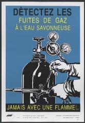 Affiche n° 1571 : « Détectez les fuites de gaz à l’eau savonneuse, jamais avec une flamme ! ».