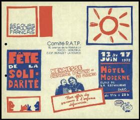 " Fête de la solidarité, 13-17 juin 1978, hôtel moderne, place de la République, Paris ".