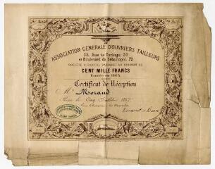 1 vue Certificat de réception imprimé au nom de l'association générale d'ouvriers tailleurs.